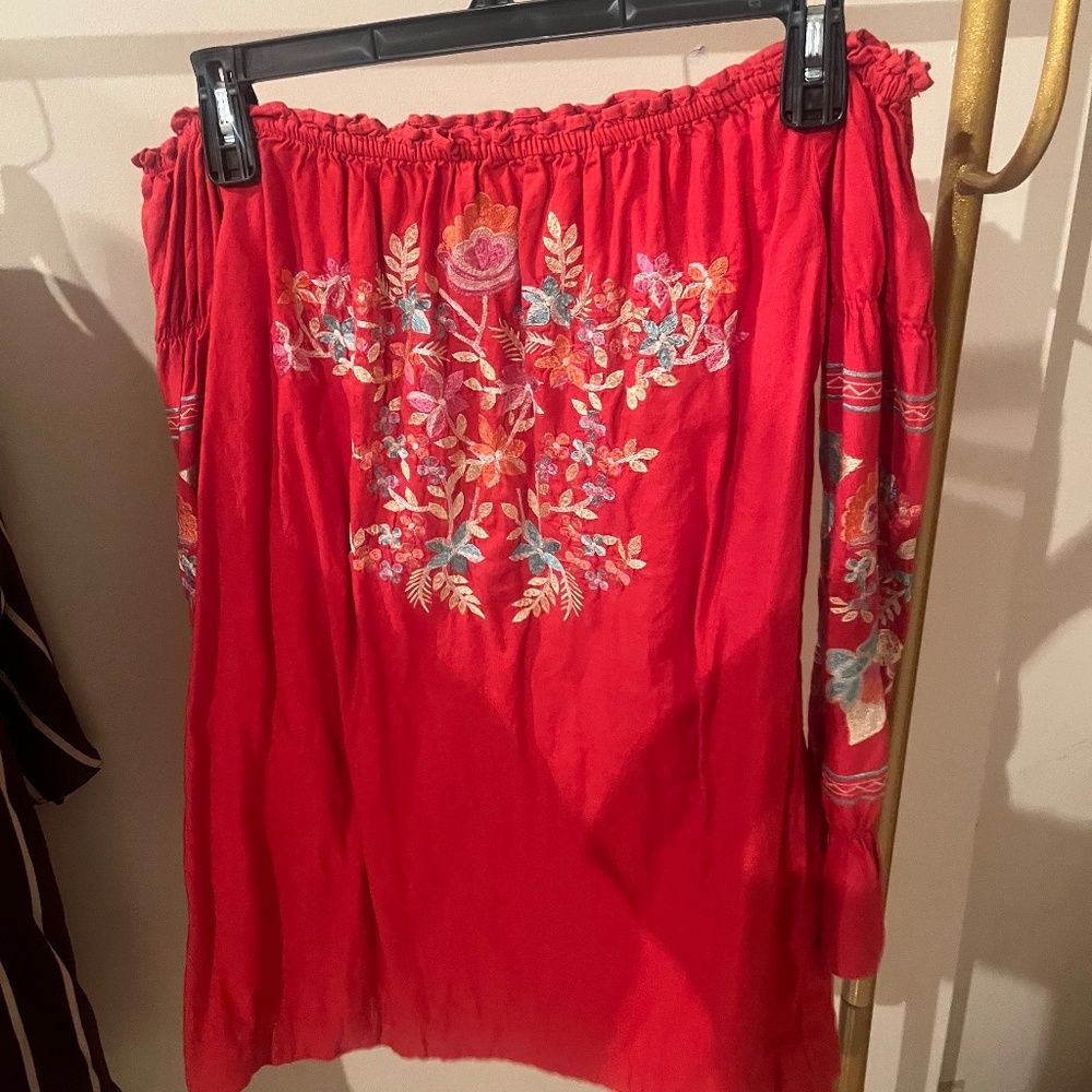 Free People Off shoulder Embroidered Dress Tunic Top Red Floral Size: Small - Picture 4 of 7